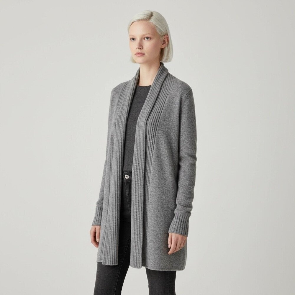 Tahari Pure Luxe 100% Cashmere Ash Gray Open Front Cardigan Sweater Size XS